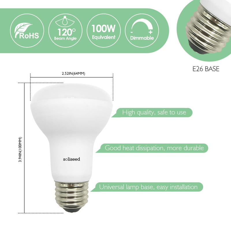 Soliseed CRI90, BR20 LED Bulbs Dimmable Bright Lights 13.5W 1470-lumen 5000K Daylight recessed Light Bulbs Ideal for 4/5/6-inch can Lights in Homes, Offices, and Senior Spaces, 10 Pack Daylight (5000k)