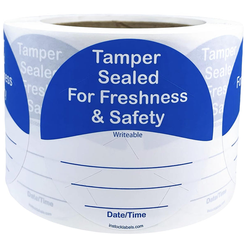 InStockLabels 500 Blue/White Circle Tamper-Evident Food Seal Stickers with Date and Time Section, Labels for Food Containers (3 Inches)