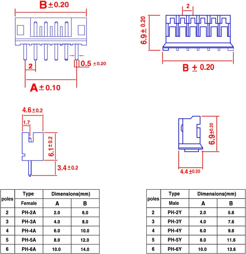 Taiss 580PCS JST PH Connector kit 2.0mm 2/3/4/5/6Pin Housing,Female and Male Adapter Cable Connector Plug,PH2.0mm Female Pin Connectors,JST Connector F-066-580PCS