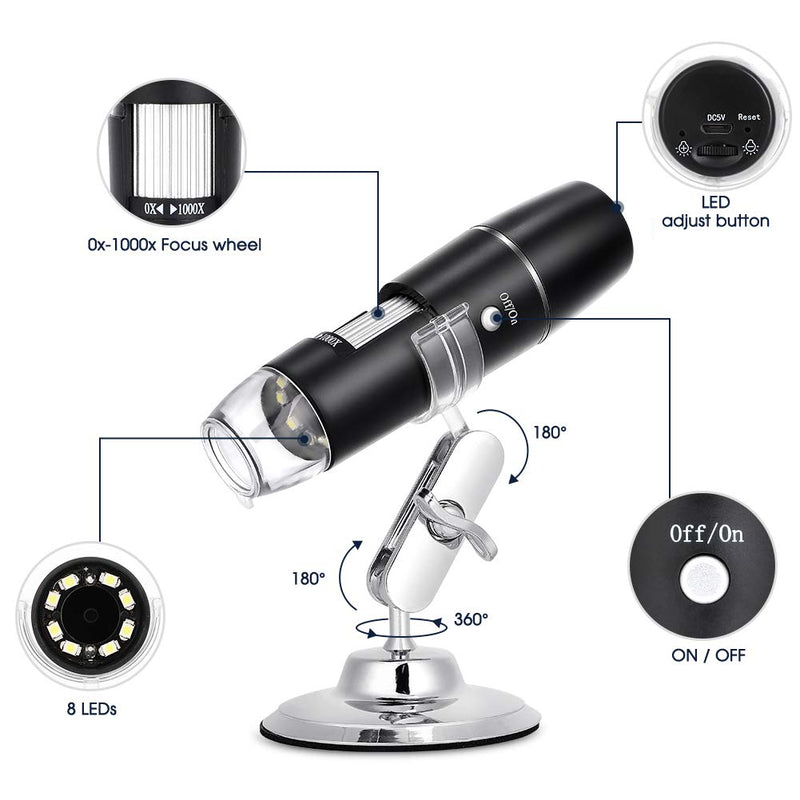 Digital Microscope 50X to 1000X, USB WiFi Microscope Wireless Digital Mini Handheld Endoscope Inspection Camera with 8 Adjustable LED Lights, Compatible with Android, iOS Phone