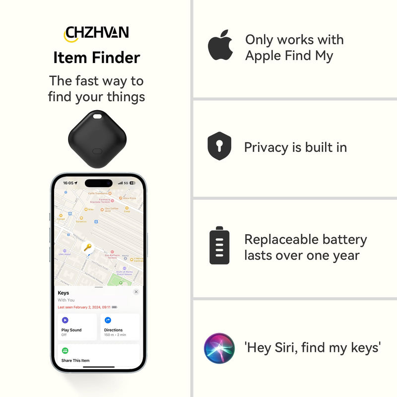 Key Finder, Wallet Tracker Works with Apple Find My (iOS only), Replaceable Battery, Water-Resistant, Bluetooth Item Finder for Bags, Luggage, Pets & Backpack, 4 Pack Black