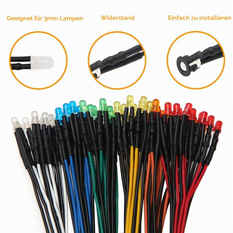 60 pieces 3 mm 12 V pre-wired LED diode light, white, orange, red, yellow, blue, green, 3 mm LED diffuse emitting diode with 20 cm cable + 60 pieces 3 mm plastic LED diode holder 3mm Multicolor Diffuse