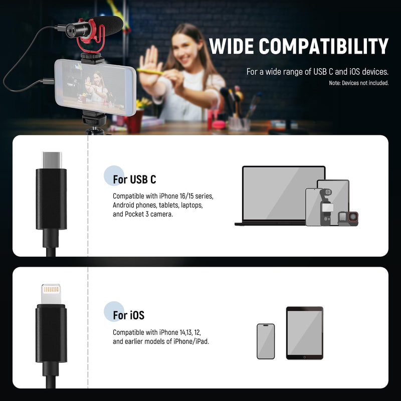 NEEWER 2 Pack OTG Adapter Cable Set, USB C Female to Type C Male + USB C Female to iOS Male, Compatible with iPhone iPad Android KM17 KM15 KM18 KM23 Wireless Microphone, 18"/45cm, LM7