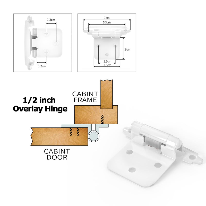 Chibery 1/2" Overlay Cabinet Hinges, 20 Pack Self Closing Flush Mount Hinges with Door Bumper, Variable Decorative Hardware for Bathroom, Furniture, Kitchen Cabinet Doors, White
