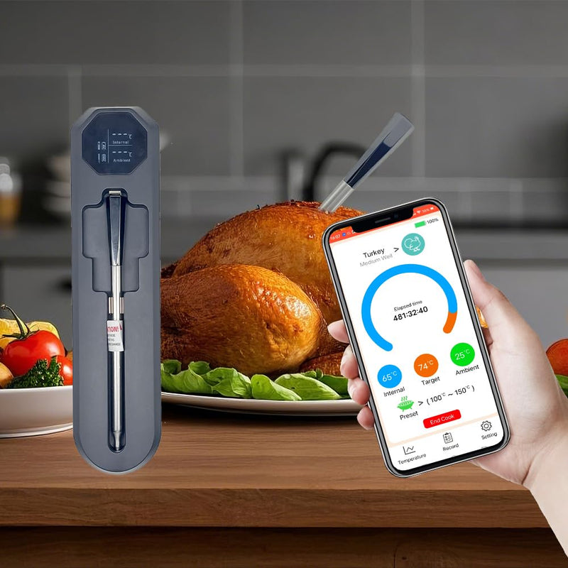 Smart Meat Thermometer-Smart Meat Thermometer Wireless - App Monitoring, Ambient Temperature Sensor, Alarm Reminders, 820-Foot Range, Suitable for Smokers, Barbecues, Turkeys, Beef, and Cooking