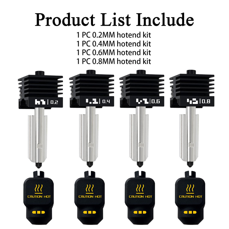 4‑Pack 0.2/0.4/0.6/0.8mm Hotend for Bambu Lab P2S/X2D/H2D/H2S/A1/A1 Mini | Leak-Free Hardened Steel Nozzles, Wear-Resistant Long-Lasting Extruder, Recognizable Silicone Cover 3D Printer Part 0.2MM+0.4MM+0.6MM+0.8MM