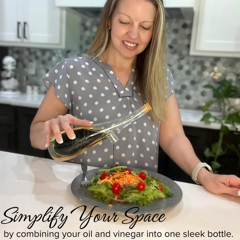 Oil and Vinegar Dispenser Bottle - Handblown Glass with Elegant Floral Etched Design - Premium Glass Salad Dressing Bottle - Olive Oil and Vinegar Dispenser Set - 12 oz