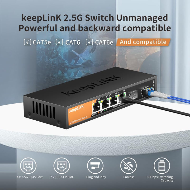 6-Port 2.5G Switch Unmanaged, 4 x 2.5GBASE-T Ports & 2 x 10GBASE-T SFP Slots, 60Gbps Switching Capacity, Plug & Play/Wall Mountable/Fanless Metal, Compatible with 1000Mbps Devices 6 Port 2.5G Switch