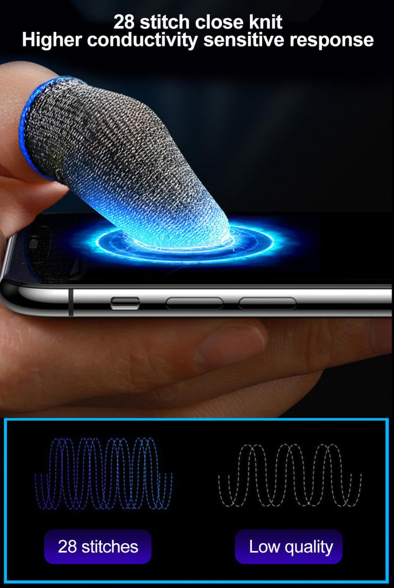 30 Pcs Cell Phone Gaming Finger Sleeve for Gaming Mobile Game Controller Finger Thumb Sleeve Anti Sweat Breathable Seamless Touchscreen Finger Cover Silver Fiber for Phone Game(Blue Brim)