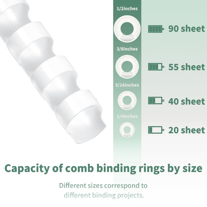 Plastic Binding Combs, Mixed Size, 21rings, 1/4in, 5/16in, 3/8in, 1/2in, Binding Capacity 20-90 Sheets, Max. Binding A4 Size Paper, White, Pack of 100
