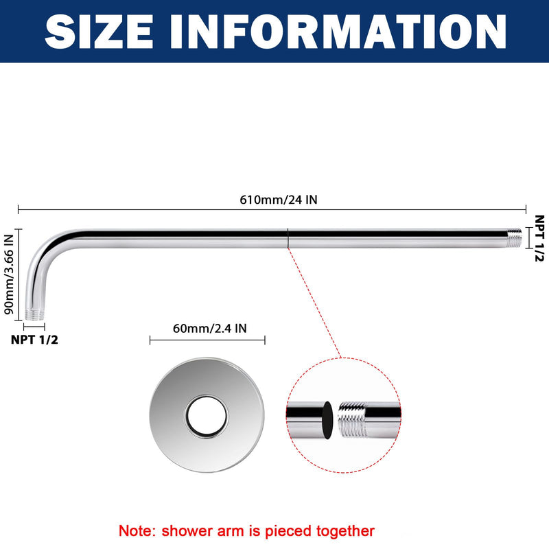 NearMoon Shower Arm, Extra Extension Arm with Flange, Stainless Steel Wall-Mounted Showerhead Extender Pipe (24 Inch, Chrome Finish) 24 Inch