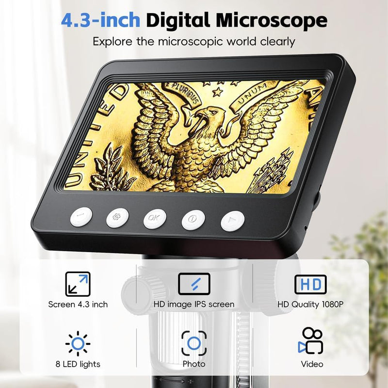 4.3" Digital Microscope for Adults, SKYEAR Coin Microscope 1000X Magnification with 8 Ajustable LED Fill Lights, USB Microscope for Windows/MacOS, Coin Collection Supplies-Black Black