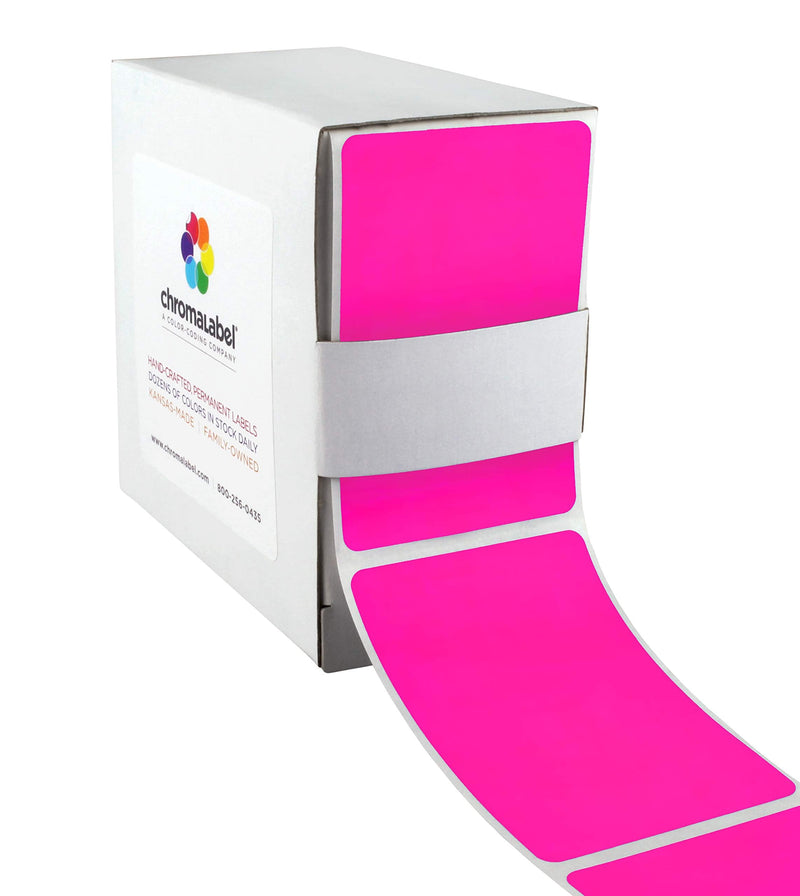 ChromaLabel 2 x 3 inch Permanent Color Code Rectangle Labels, 100 Stickers per Dispenser Box, Fluorescent Pink