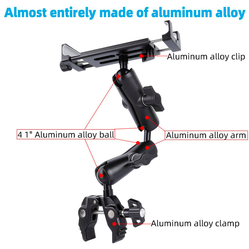 Aluminum Dual Arm Tablet Mount with Super Clamp for Rails 0.5'' to 2'' in Diameter, Side Mount Tablet Holder for Mic Stand, Compatible with iPad Pro 12.9 Air Mini, Galaxy Tab, 4.7-12.9" Tablets
