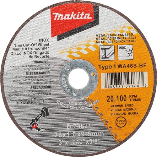 Makita 3 inches X .040 inches X 3/8 inches Type 1 General Purpose 46 Grit Thin Cutoff Wheel For Metal And Stainless Steel Cutting, 5/pk