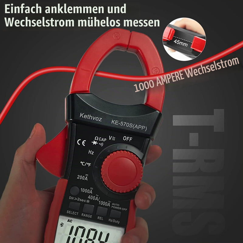 Bluetooth Clamp Meter Clamp Meter, Kethvoz Anto Range True-RMS Current Clamp NCV Voltmeter 570S-APP Measure AC/DC Voltage Current, Continuity Resistance Capacity Temperature 1000A Bluetooth Clamp Meter 570SAPP