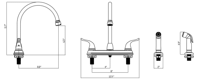 Wasserman 23073124 - Mobile Home RV Kitchen Sink Faucet High Spout Dual Lever Handle with Side Spray, High Arc, Deck Mount, Brushed Nickel, 8 inch on Center, for Campers, Motorhomes, Travel