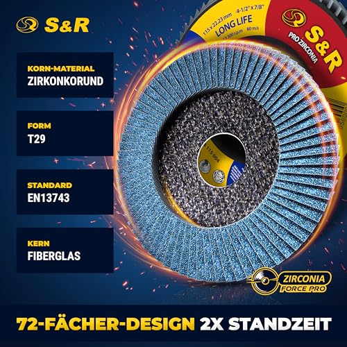 S&R Flap Discs Set of 10, 115 x 22.23 mm in Professional Quality, Flap Discs, T29, Flap Grinder Set for Stainless Steel, INOX, Steel, Grit P4040 D=115mm | P40 - 10-tlg