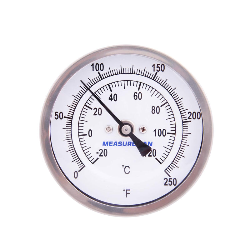 MEASUREMAN Fully Stainless Steel Pot, Kettle, Brewing Bimetal Thermometer, 3" Dial, 2-1/2" Stem, 0-250 deg F/-20-120 deg C, -1% Accuracy, Adjustable, 1/2" NPT Back Mount （2 Pack） 2-1/2" Stem 2pc