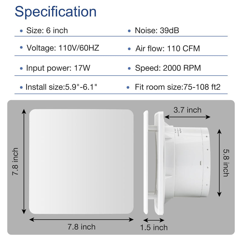 Fanspex 6" Bathroom Exhaust Fan With Front Panel, Bathroom Vent Fan for Window or Wall Mount, 1.0 Sones Quiet with 17W Low Consumption 6 Inch