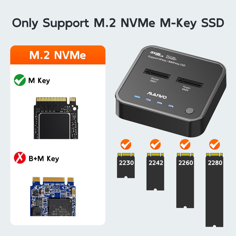 MAIWO M.2 NVMe SSD Cloner Duplicator, 10Gbps USB C 3.1 GEN2 to M Key M.2 PCIE NVMe SSD Adapter Dual Bay Enclosure Docking Station Reader, 16TB Capacity M.2 NVMe 2 Bay (Clone)