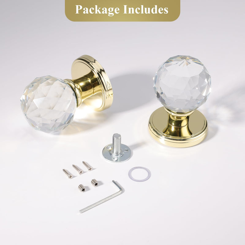 2 Pack Crystal Glass Dummy Door Knobs, Inactive Round Half-Dummy Door Knob Set, Single Side, Polished Brass Dummy 2 Pack