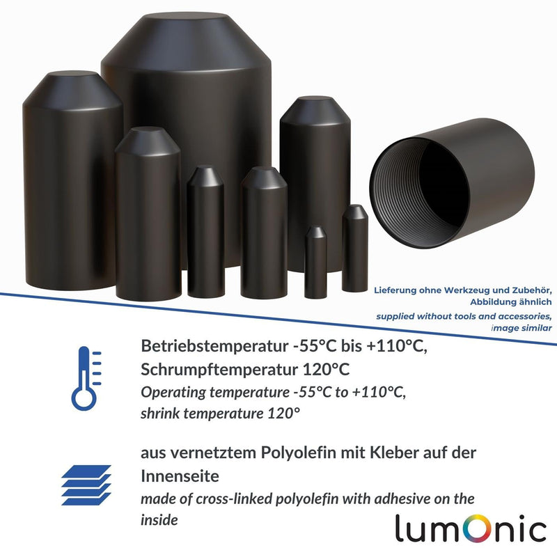 Lumonic I Heat Shrink End Cap with Adhesive I 20 -> 6 mm I Black I Ratio 3:1 I Crosslinked Polyolefin I Shrink Cap I for Cables, Pipes and Ropes 20mm - 6mm