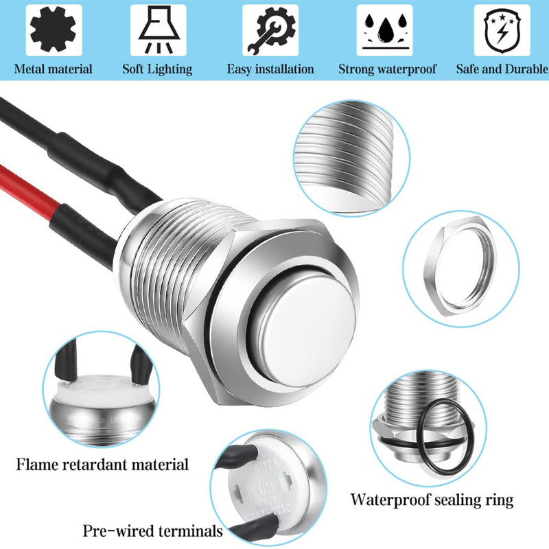 Gebildet 10 pieces 12 mm 2A/12 V/24 V/125 V/250 V waterproof push button momentary stainless steel button on off with wire (high head) SS-12 mm