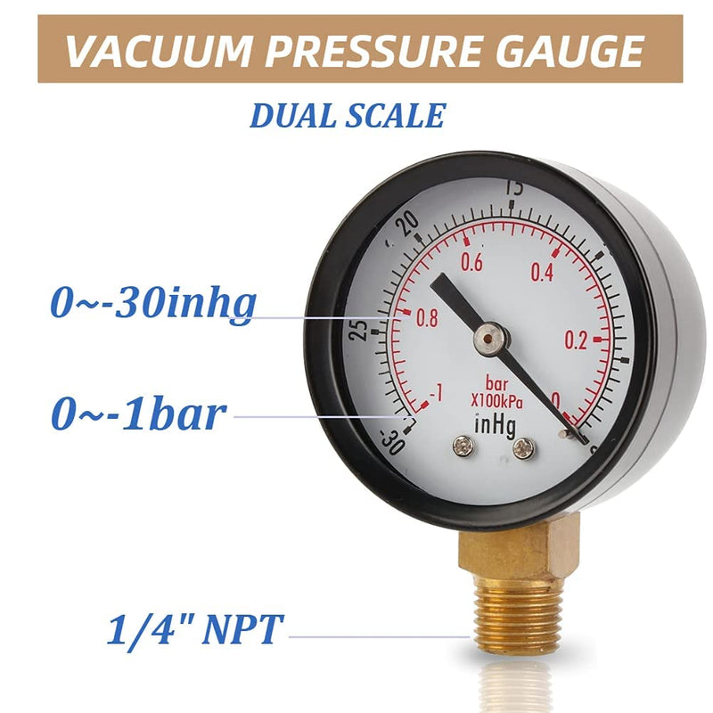Vacuum pressure gauge, vacuum gauge 2 inch for air compressor water oil gas 1/4" NPT lower bracket MF,0～-30inHg 0～-1bar universal vacuum pressure gauge with 50 diameters 1/4 NPT