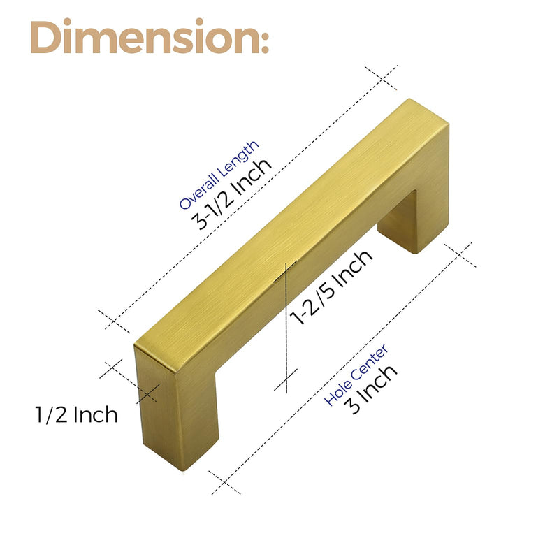 Ravinte 10 Pack 3 Inch Square Cabinet Handles, Brushed Brass Finish, Stainless Steel Kitchen Hardware Pulls with 3" (76mm) Hole Center for Cabinets, Gold 3 Inch Hole Center