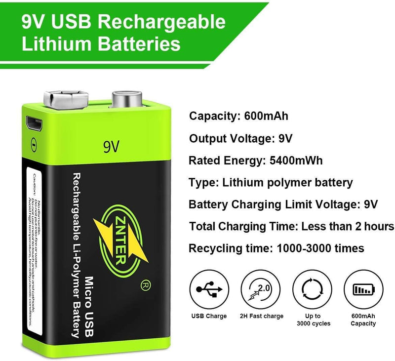 9V Rechargeable Battery Charger Pack, LP 4-Pack 600mAh 9 Volt Li-ion Batteries & 4-Bay Battery Charger for Alarms, Wireless Microphones, Smoke Detectors, Toys, Flashlights, Guitar, Keyboard & More 4-Pack 9V Batteries with Charger