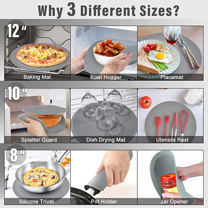 Pack 2,KooMall 12 10 8 Inch Multi-use Microwave Mat, Trivet, Pot Holders, Drying, Baking, Place Mat, Utensils Rest, Silicone Cover Pad for Hot Pot Pan,Plates Dishes Kitchen Counter,Heat Resistant,Gray 2pack 12+10+8 Gray