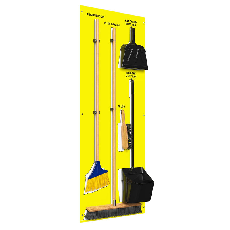 Clean & Sweep 5S Shadow Board/Wall Mount Broom Holder, 68" x 30" Board, 5S Cleaning Station - with Broom and Dustpan Set Included, Made in The USA by AccuformNMC, Yellow/White, PSB616YLWT