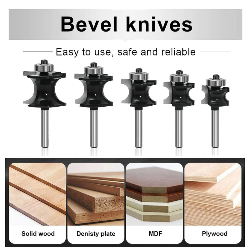 LEATBUY Router Bits Set 1/4 Inch Shank Bullnose Router Bit Sets 5PCS Radius Half Round Rail and Stile Wood Milling Cutter Drilling Woodworking Carbide Tool for Door Table Cabinet Shelve(F-A3) F-A3