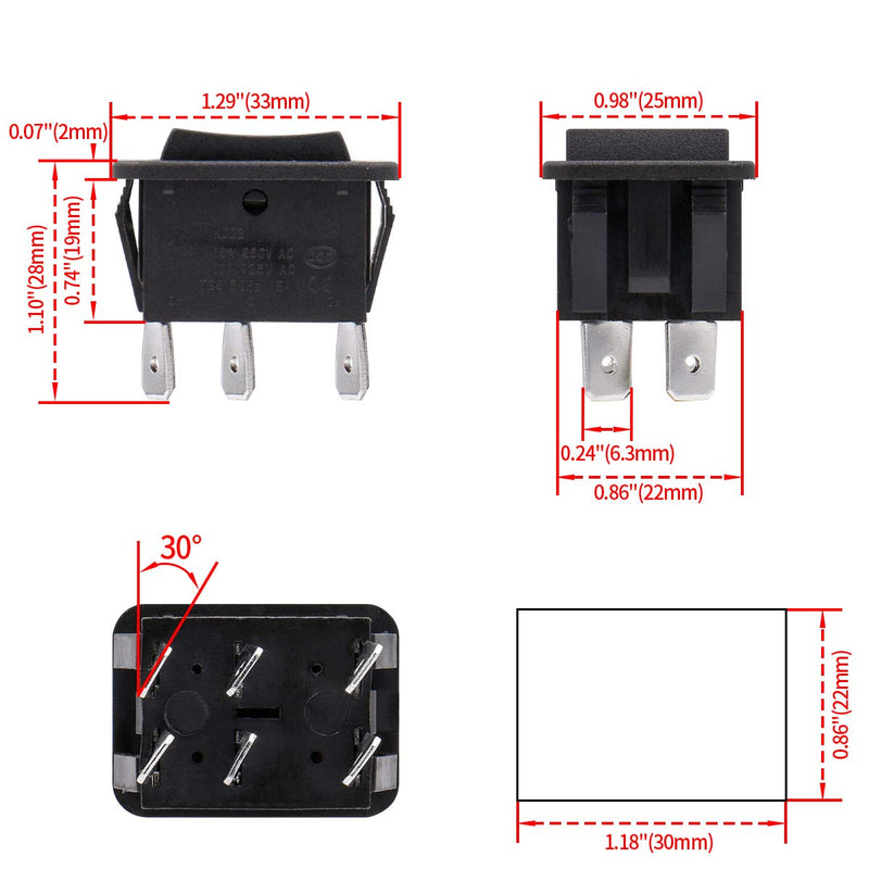 Heschen Rocker Switch 16A 250VAC ON-OFF-ON Momentary DPDT 6 Terminals Black 2Pack