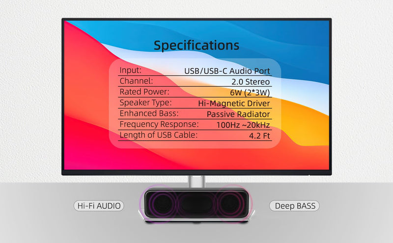 Computer Speakers for Desktop PC, External Speakers for Laptop, Mini Computer Soundbar for PC, Wired USB Plug in Speakers with Loud Sound, Deep Bass, Wide Compatibility – Bult-in USB C to USB Adapter YFQ86