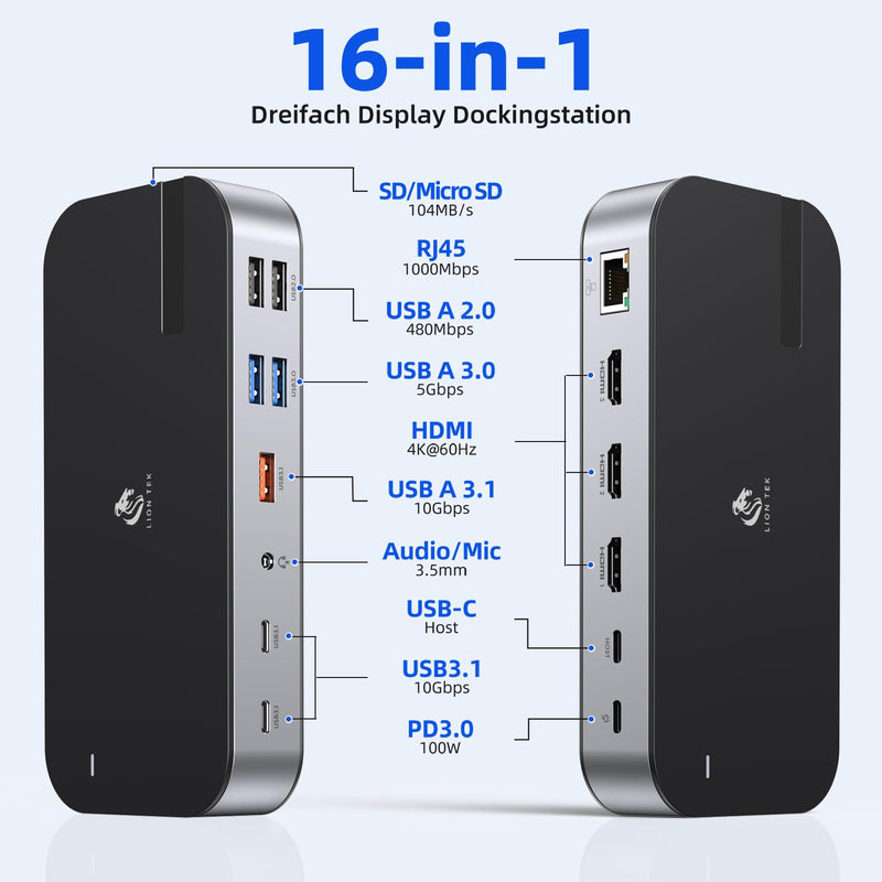 Laptop Docking Station,16 in 1 Docking Station USB C Docking Triple Monitor,USB C Dock Station with 3 HDMI,PD 100W, USB 3.1/3.0/2.0,RJ 45 Ethernet,SD/TF,Audio for Dell/HP/Lenovo Matte Black