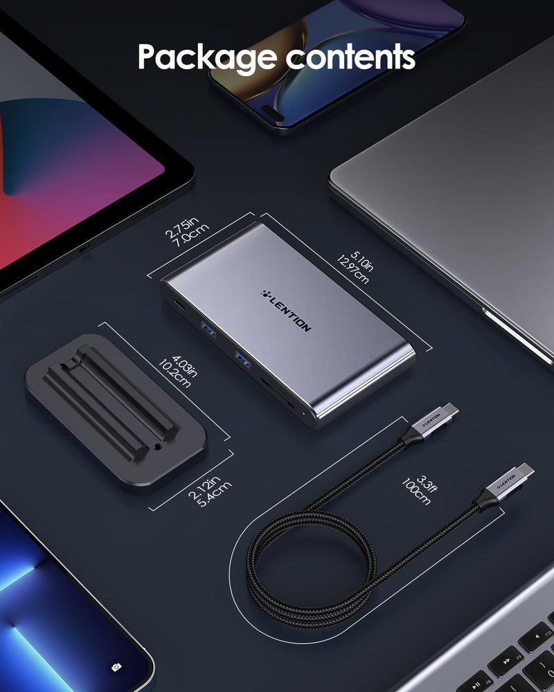 LENTION 10-in-1 Detachable USB C Laptop Docking Station with Dual 4K@60Hz HDMI, PD Charging, USB C, USB-A, SD/Micro Card Readers, 3.3ft Host Cable for Mac, MacBook, Windows use (D62 10-in-1(3.3ft cable+Vertical+Detachable)