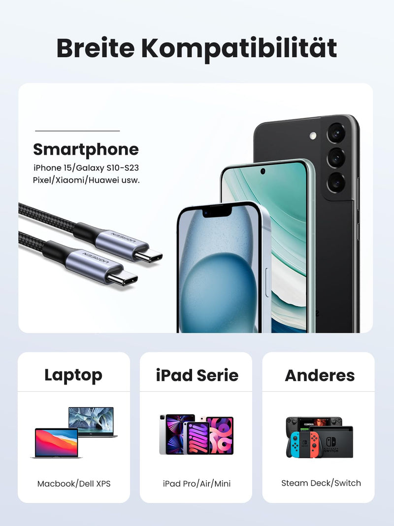 UGREEN USB C to USB C cable 60W PD 3.0, PPS USB-C charging cable compatible with iPhone 15 Pro Max Galaxy S24 S23 S22 A54 A34 A14 MacBook Air M2 iPad Pro 12.9 iPad Air 5/Mini 6, Pixel 7 Pro etc. (1M) 1.0 meters