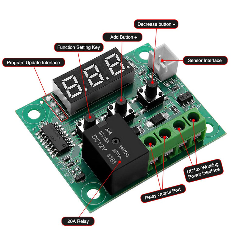 VooGenzek Pack of 2 W1209 Temperature Controller Module with Housing, 12V DC Micro Digital Thermostat -50-110°C Electronic Temperature Temp Control Module Switch, with NTC Sensor Probe (Red & Blue) Temperature Controller with Housing