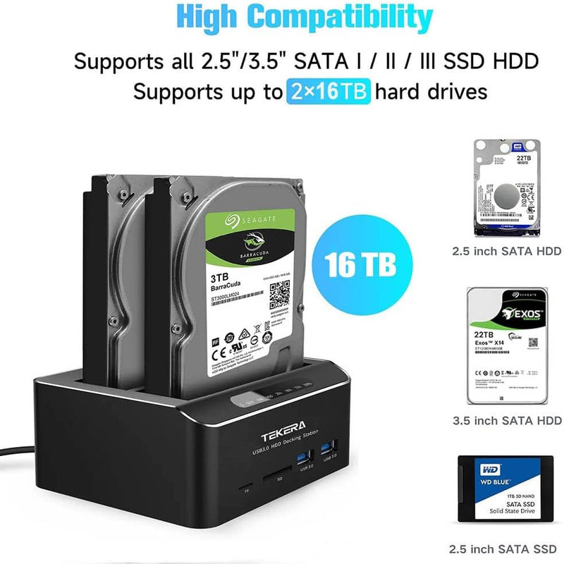 ikuai SATA to USB 3.0 Dual Bay Hard Drive Dock for 2.5" and 3.5" SATA HDD SSD with SD TF Card Reader 2 USB 3.0 Ports and Offline Clone Function External Hard Drive Docking Station (UASP Supported)