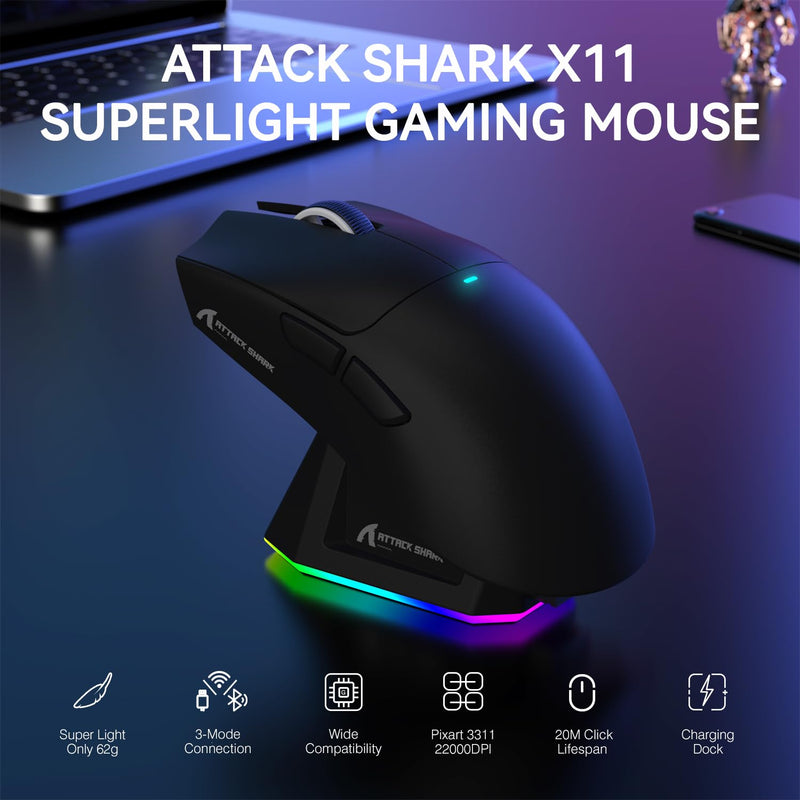 ATTACK SHARK X11 Lightweight Wireless Gaming Mouse with RGB Charging Dock,Tri-Mode-2.4G/USB-C Wired/BT,Up to 22K DPI,PAW3311 Optical Sensor,HUYU Switch, 5 programmable Buttons for PC/Mac(Black) Black