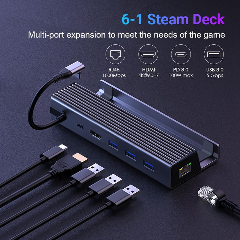 Steam Deck Docking Station Compatible with Steam Deck/ROG Ally/Legion Go (Excluding Rog Ally X) 6-in-1 USB-C Hub with HDMI 4K@60Hz, 1Gbps Ethernet, 3 USB3.0 100W PD Fast Charging