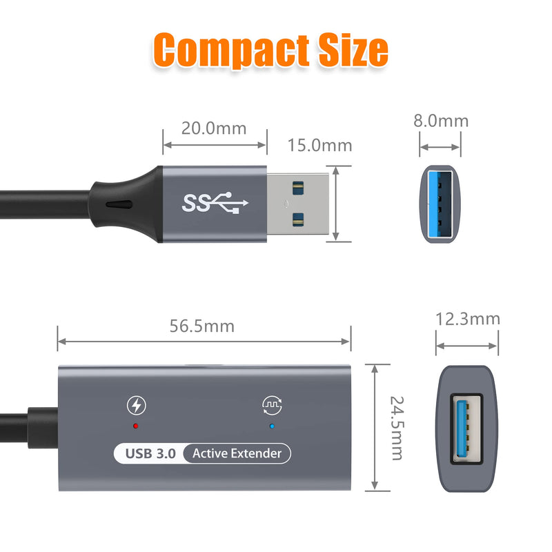 AGVEE 66ft / 20m USB 3.0 Active Extension Cable, USB3.0 Male to Female Extender Repeater Ultra Extra Long Signal Booster Cord for 2.5" 3.5" Hard Drive, Flash Driver, Mouse Keyboard, Printer, Gray