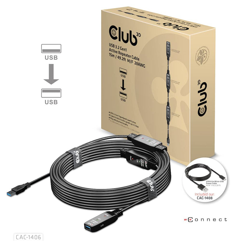 Club 3D CAC-1406 USB 3.2 Gen1 Active Repeater Cable 15m / 49.2ft M/F 28AWG