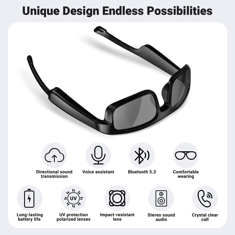 Smart Glasses, Polarized Bluetooth Sunglasses, Built-in Mic & Speakers, Voice Assistant, UV Protection Audio Sun Glass M8 Pro-black Lens