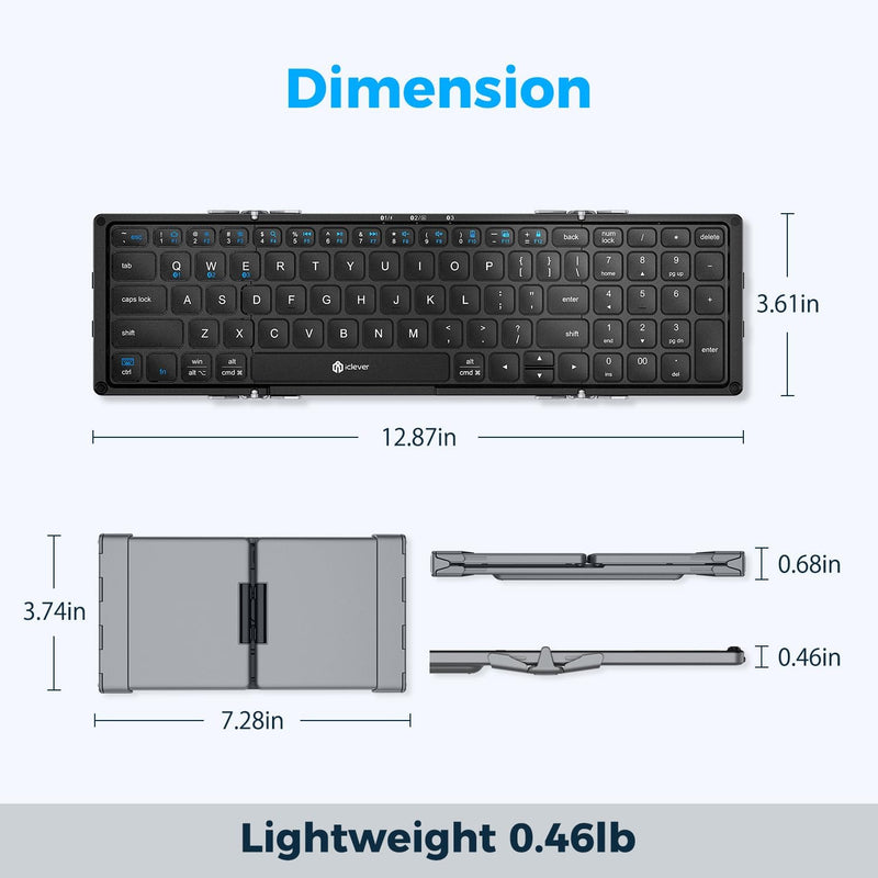 iClever Foldable Keyboard with Number Pad, BK09 Wireless Portable Keyboard for Travel and Business Trip, USB-C Charging Compact Keyboard for iPad, iPhone Mac Android Windows iOS, Sync up to 3 Devices
