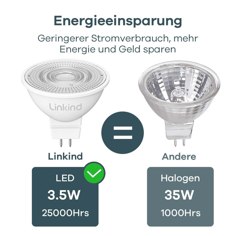 Linkind 12 V GU5.3 LED 3.4 W, 35 Watt Replaced, 2700 K Warm White 36° Beam Angle LED Spot MR16, 360 Lm AC/DC 12 V LED Bulb, 25,000 Hours Life, Not Dimmable, Pack of 5 5 pieces