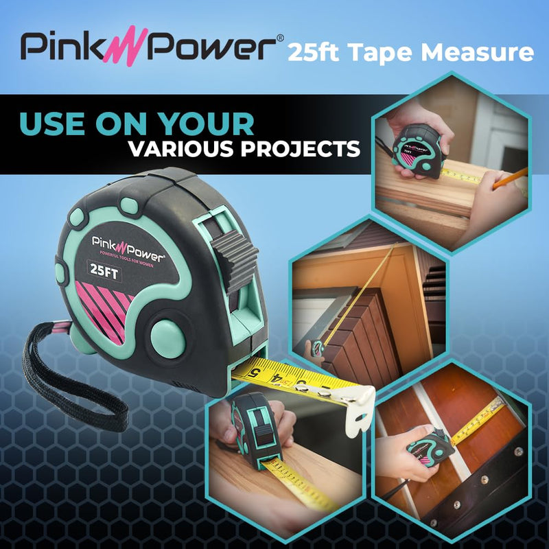 Pink Power Tape Measure with Fractions – Blue Heavy-Duty Small Measuring Tape Retractable with Easy-Read Markings, Electrician Self Centering Return, Magnetic Hook (Blue, 25 ft.)