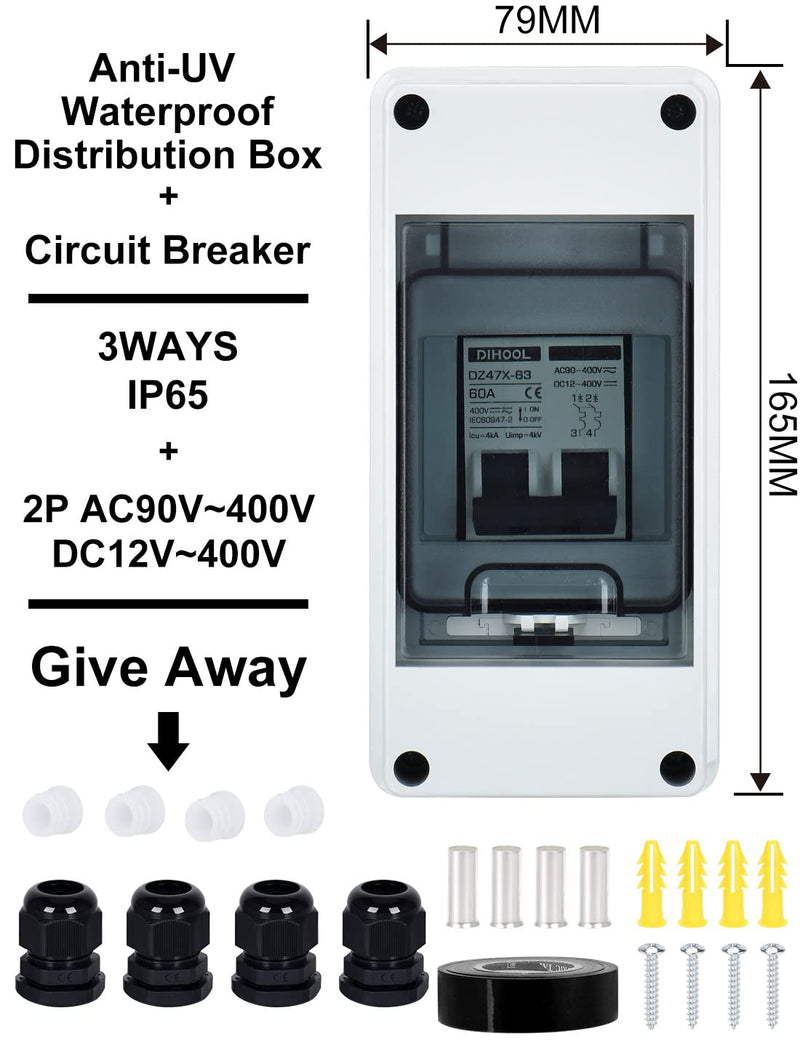 DC 12V circuit breaker PV solar system circuit breaker circuit breaker DC 60A 2-pole (DC12V-DC400V or AC110-400V) with IP65 waterproof housing 60-amp UV-resistant